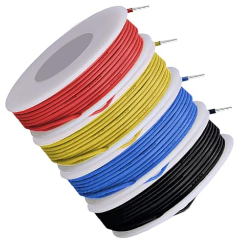 MKBKLLJY 26 Gauge massiv tråd 300 V PVC elkabel 26 AWG isolering förtennad belagd koppartråd anslutningskabel 4 färger (röd/gul/blå/svart) 5 m/16,4 fot per styck kabelsortiment för gör-det-själv
