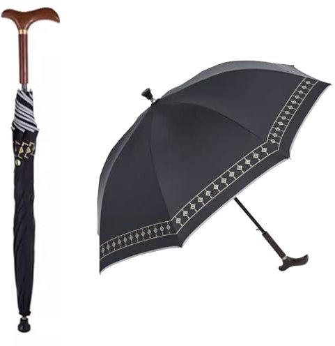 Wzmazingly Spazierstock Regenschirm, 2-in-1 Schirm-Gehstock, Multifunktionaler Tragbarer Stützschirm, Gerader Stab Holz Langes Griffdesign, Mit Rutschfester Spitze(Black)