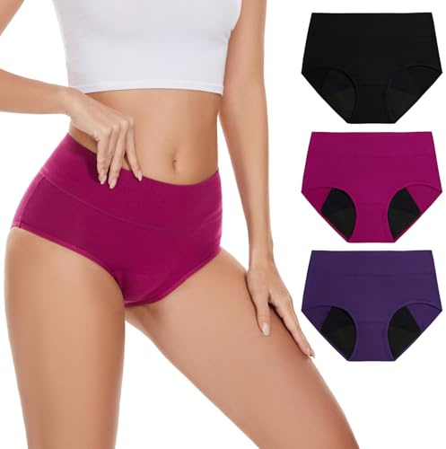POKARLA Incontinence Pants Women High Absorbency Period Underwear Heavy Flow Leak Proof Urine Washable Leakproof Protective Briefs High Waist Cotton Menstrual Knickers 3 Pack Multicolor Medium
