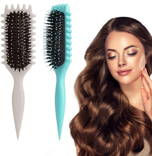 Hiqiku 2 Stück Haarbürste für Locken – Lockenbürste mit Wildschweinborsten, Entwirrbürste ohne Ziepen, Curly Hair Brush für definierte Naturlocken (Grün+Beige)