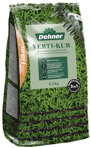 Dehner Saatgut Rasen Verti-Kur, Komplettlösung für die Rasenerneuerung, Saatgut/Dünger/Keimsubstrat in einem, mit Mantelsaat für optimale Keimung, 4,5 kg für ca. 150 m² | Komplettlösung für die Rasenerneuerung, Saatgut / Dünger / Keimsubstrat in einem, mit Mantelsaat für optimale Keimung