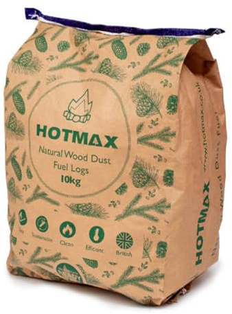 10kg Hotmax Natural Wood Dust Recycled Wood Fuel Logs Briquettes - 100% Natural & Eco Friendly - High Heat Output & Low Ash - For Wood Burners Open Fires Chimineas Fire Pits (1 x 10kg Bag)