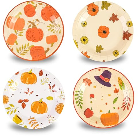 DHAIQC Lot De 48 Assiette Carton Automne 18 Cm, Assiettes Jetables Citrouille Vaisselle Jetable Anniversaire Pour Gâteaux Desserts Anniversaires Mariages Articles De Fête D'automne (Automne)