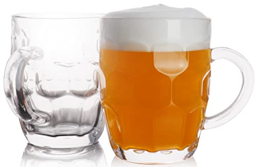 1 Pint Dimpled Beer Mug Set of 2 - Heavy British Pub Thick Glass with Handle - Stein Cup for Beer Lover in Home Party BBQ