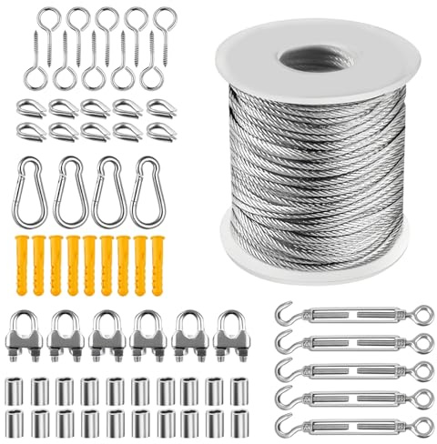 30M 2MM Edelstahl Drahtseil Set, 7 x 7 Edelstahl Stahlseil Kit, Spannschloss Spanndraht Stahldraht Set, Edelstahlseil Set mit Ösen Seilspanner Drahtseilklemme für Rankhilfe Zäune Kabelgeländer