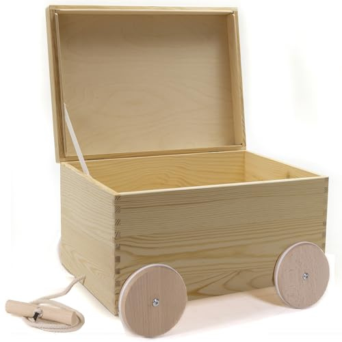 Holzfee Spielzeugkiste Deckel Holz mit Rollen Räder 40 x 30 x 26 cm Auswahl (mit Klappdeckel)