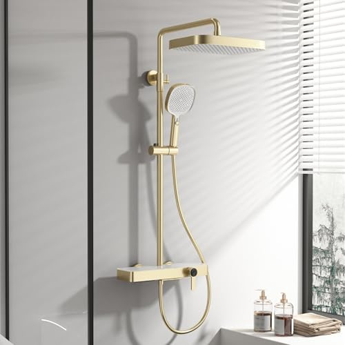 BiaoTeng Colonne de Douche pour Baignoire avec Mitigeur eau Chaude et Froide Kit Douche Salle de Bain Laiton Monocommande Or Brossé