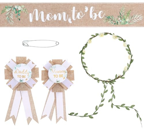 WJIAAA 5 Stück Mom to Be Schärpe für werdende Mütter, Anstecknadeln für werdende Väter, neutrale Babyparty-Dekorationen aus Sackleinen, Eukalyptus-Anstecknadel, Schärpe und Blumenkrone für die Gender-