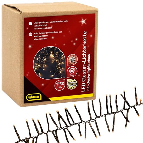 Idena 31898 - LED Cluster Lichterkette mit 1152 LEDs in Warmweiß, ca. 28 m lang, für Außen & Innen, mit 8 Stunden Timer Funktion und Transformator, als Party Deko, Weihnachtsdeko, zur Hochzeit