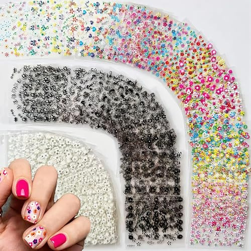 VVQWCY 90 Blätter Nagelsticker, 3d Nail Sticker, Selbstklebend Blumen Herzmuster Nagelaufkleber, Schwarz, Weiß, Bunt Nageldesign Sticker