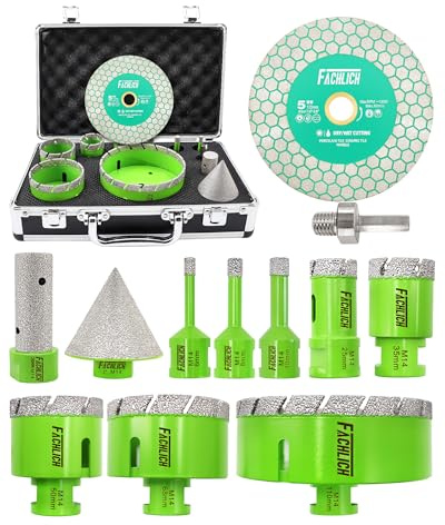 FACHLICH Tile Hole Cutter Set - 12pcs Diamond Hole Saw (6/8/10/25/35/50/68/110mm) with Finger Bit and Chamfer Bit, Tile Drill Bits for Porcelain Ceramic Marble Brick Granite