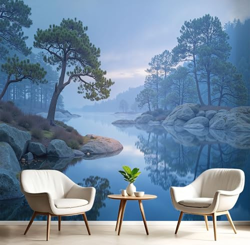 MIATCENRT Papier Peint Panoramique Lac Pins 350x256cm Poster Murale, 3D Brume Paysage Tapisserie Photo Peinture Murale, Papier Peint Soie Fresque pour Salon Chambre Toile Fond TV