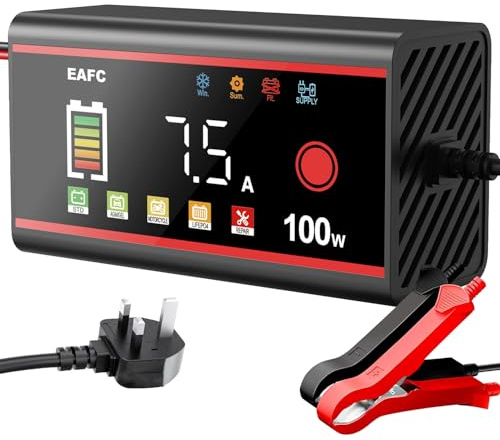 EAFC 15A Car Battery Charger 12V, 100W Smart Fast Battery Charger with Pulse Repair Mode, Color display, Auto Shut-Off, for Car, Van, Motorcycle, AGM, GEL, EFB, Wet, SLA & LiFePO4 Batteries