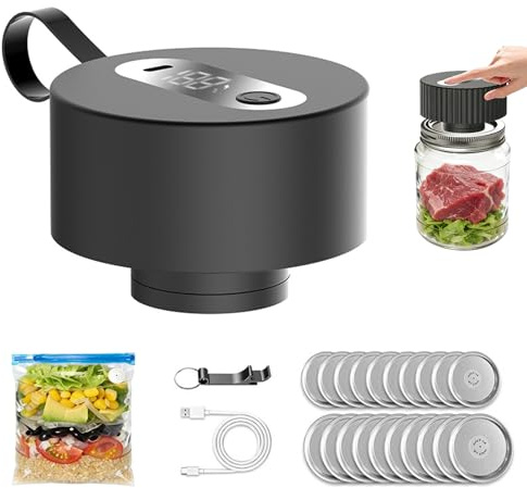 AURIVEE® Envasadora al Vacío para Tarros Mason – Portátil Eléctrica Inalámbrica, Sellado Automático, Compatible Estándar & Ancho, Incluye 20 Tapas + Bolsas de Vacío