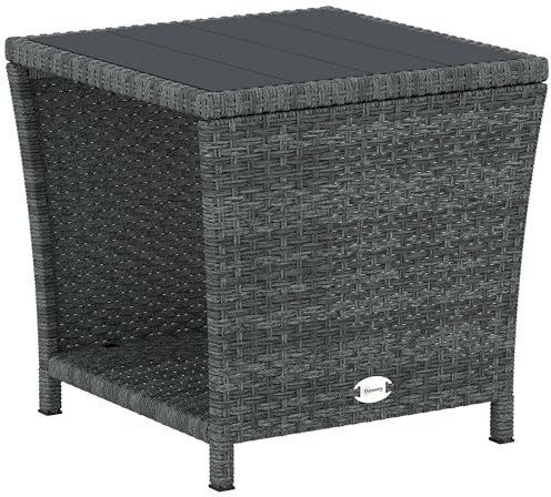 Outsunny 2-Tier PE Rattan Side Table with Storage Shelf, Square Outdoor Coffee Table with PS Wood Slat Top, UV-Resistant for Patio, Garden, Balcony, Grey
