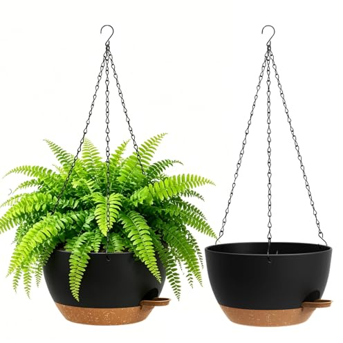 WSMKSZ 25cm Selbstbewässernde Blumenampel Hängend Innen Außen, 2er Set Kunststoff Blumentopf Hängend mit Drainageloch & Wasserreservoir, Hängeblumentöpfe für Balkon, Veranda, Garten, Schwarz mit Braun