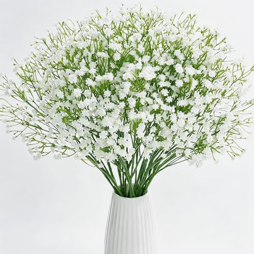 Pnoyws 12Pcs White Gypsophila Artificial Flowers, Fake Baby Breath Flower Artificial Gypsophila, Real Touch Faux Gypsophila White for Wedding Bouquet Floral Arrangements Home Party Deco
