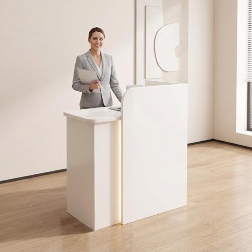 Leaceuv Banco Reception Piccola Moderno con LED, Bancone Reception per Negozio con Cassetti a Chiave, Bancone Cassa in Legno, per Spazi Commerciali Compatti(80X45X100CM)
