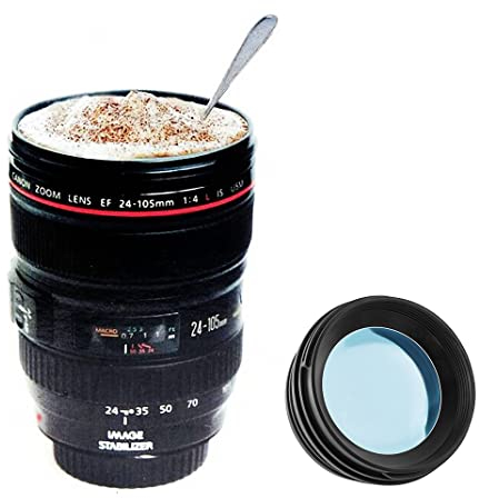 NEALMART Kamerabecher, Objektivbecher, Kaffeebecher, Reisebecher, Geschenk für Fotografen, Geschenk für Freunde und Familie, Modell 24-105 mm Kaffee Wasser Tee Edelstahl Tasse Becher-Schwarz