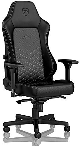 noblechairs Hero Gaming Stuhl 150 kg Belastbarkeit, PU-Kunstleder Bürostuhl Ergonomisch, Schreibtischstuhl Schwarz/Platinweiß, PC Drehstuhl mit Rollen, Gamer Sessel, Inklusive Kissen