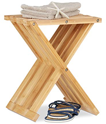 Relaxdays Klapphocker Bambus, natürliche Optik, niedrig, platzsparend faltbar, Hocker für Kinder, HBT 42x32x27cm, Natur