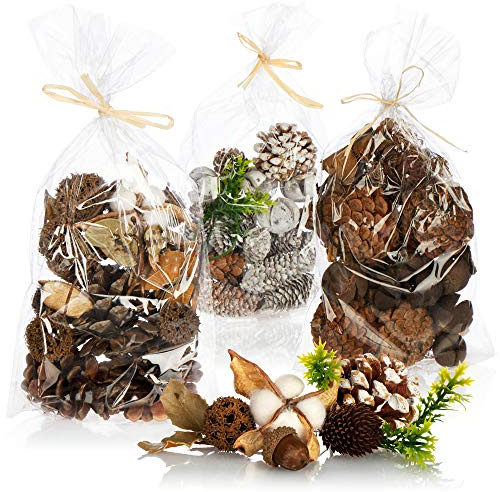 COM-FOUR® 3X Weihnachtsdekoration im Beutel mit Zapfen und Zweigen - Streudeko weihnachtlich - Bastel Set - Tischdeko - Adventskranz - Weihnachtsschmuck (3X Beutel: Zapfen braun/weiß. Zweige)