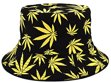 Bucket Hat Cap Marihuana Weed Leaf Cannabis -Modische Baumwolle Faltbare Fischerhut Damen Herren Sonnenhut Hip Hop Hut Outdoor Angeln,Gelb,56,58Cm