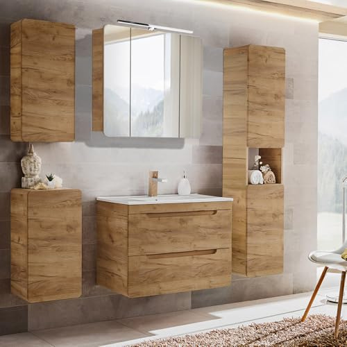 Lomadox Set di Mobili da Bagno Accessori Completo con Lavabo 81 cm e Specchio LED, Mobiletto, Rovere Wotan Nb. Decorazione, 180x200x46 cm