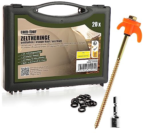 com-four® 20x Zeltheringe in praktischer Box - robuste Stahl-Heringe mit Gewinde und Seil-Halterung 20,5 cm lang - Felsboden-Erdnägel für Camping - Box mit Zelthaken für harten Boden und Holz