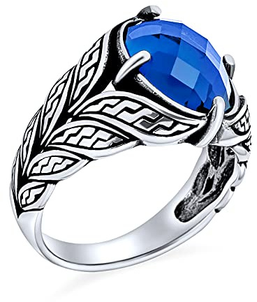 Personalize Unisex Men's Vintage Style Large Statement Oval Simulated Blue Sapphire CZ Cubic Zirconia Tapered Vine Leaf Set Ring Western Jewelry For Men Oxidized .925 Silver Handmade In Turkey