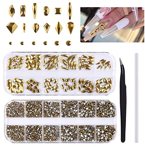 3120Pcs Gold Strasssteine ​​Edelsteine ​​für Nägel EBANKU Gold Nail Art Charms Flat Back Edelsteine ​​Kristalljuwel Diamanten zum Basteln mit Pinzette und Bohrstift