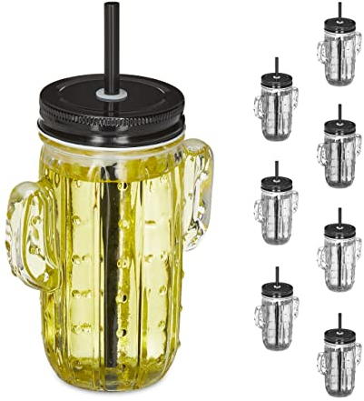 Relaxdays Trinkgläser mit Strohhalm & Deckel, 8er Set Eisteebecher, Limonadengläser Kaktus, 500 ml, Gastro, transparent