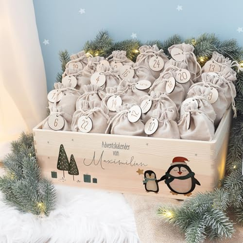 Personalisierte Adventskiste - Adventskalender 2025 Kinder aus Holz mit Namen - Aquarell Druck Kalender DIY - Weihnachtskalender für Kinder - hellomini (Pinguin Druck)