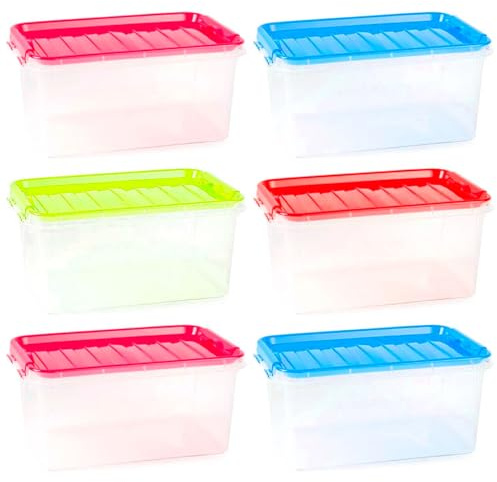 AC - Pack de 6 Cajas de ordenación de plástico Transparente con asa, Nº 26. Contenedor para almacenar Libros, Ropa, Mantas. Capacidad 8 litros. Dimensiones Aprox: 15,5 x 34 x 22,5 cm (Surt)