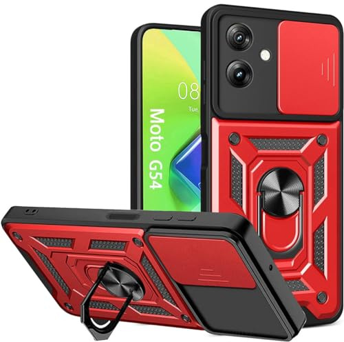 UPLAI Funda para Motorola Moto G54 5G, Ultra Delgado Antigolpes Armadura Carcasa con Deslizar Cámara Cover y Soporte Anillo Magnética, PC+TPU Duradero Estuche Caso.Rojo