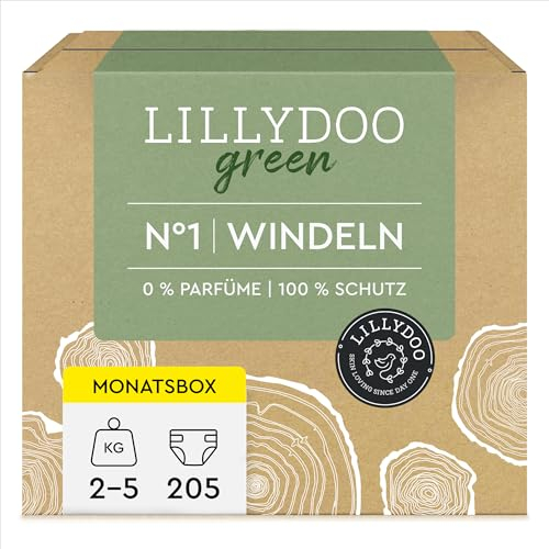 LILLYDOO green umweltschonende Windeln, Größe 1 (2-5 kg), Monatsbox (205 Stück)