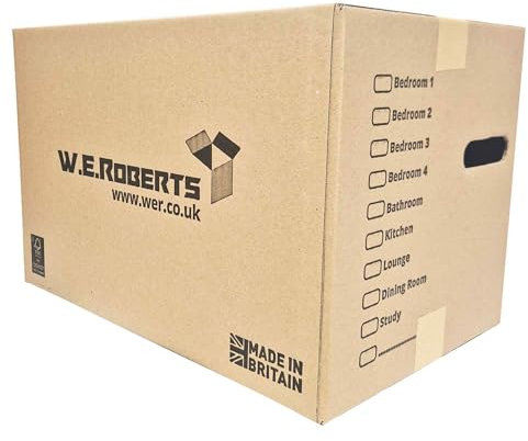W.E. Roberts 20 x Strong Large Cardboard Moving House Boxes 45.7cm x 28.8cm x 28.8cm with Carry Handles and Room List Manufactured in the UK from FSC acredited materials. (20)