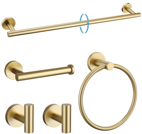 TURS Brushed Gold 5-Pieces Towel Bar Holder Sets,Concealed Screw Mounting | SUS304 Stainless Steel,Wall-mounted Towel Rail Gold Toilet Paper Holder Towel Robe Hooks Suitable for bathrooms