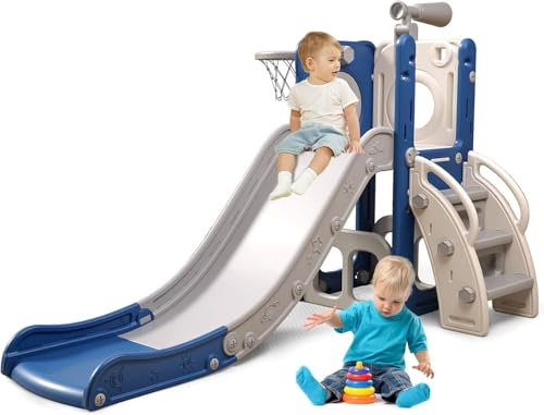 Garden Slide With Water Feature For Children,Kids Slide,Easy Set Up Playset for Indoor Outdoor Backyard, Easy to Store, Safe Toy for Toddler,Kids (5 and 1 blue gray)