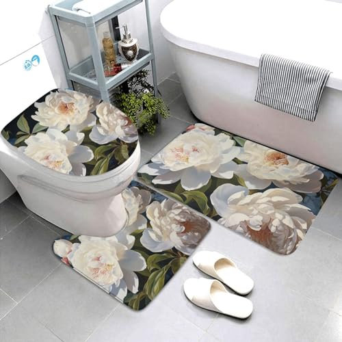 Badezimmerteppich-Set, 3-teilig, weich, saugfähig, Badematte, weiße Pfingstrose, U-förmiger Kontur-WC-Vorleger und WC-Deckelbezug, rutschfester Badteppich, Teppich für Badezimmer, WC