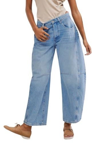 Kedera Damen Barrel Jeans Weites Bein Jeans Baggy Boyfriend Denim Pants Y2K Hufeisenhose Schule Relaxed Jeans, Hell, blau, Groß