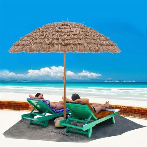 Sonnenschirm Strand Hawaii-Sonnenschirm, neigbarer Strandschirm, LSF 50+, Strohdach, Terrassenschirm, wasserdicht, Outdoor-Schirm, tragbarer Marktschirm mit Tragetasche für Sand, Garten, Rasen, Pool,