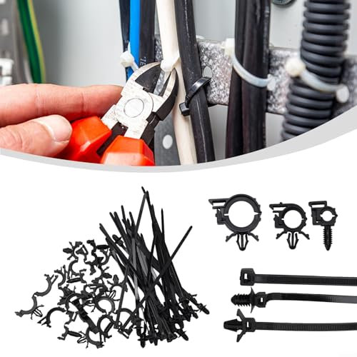 45Pcs Black Cable Ties Set, Cable Zip Tie Set, Push Mount Cable Tie, Nylon Plastic Zip Tie for Home Office Garage Workshop, with Car Wire Routing Clips