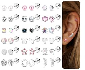 JeweBella 18 Pairs Hypoallergenic Surgical Steel Flat Back Earrings for Women Girls Silver Stud Earrings for Women Pink Heart Star Helix Earring Sleeper Tragus Cartilage Earrings Set