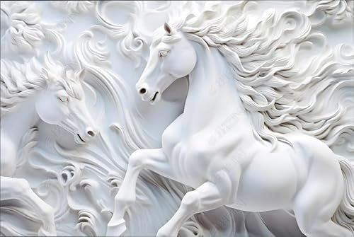 ZYHFDC Papier Peint Panoramique Relief en plâtre du cheval blanc Tableaux Muraux Tapisserie Photo Décoration Murale Salon Chambre 450CM(L)*315CM(H)
