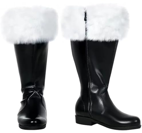 Men Santa Claus Boots with White Plush Cuffs Christmas Costume Shoes (Black, 10.5)