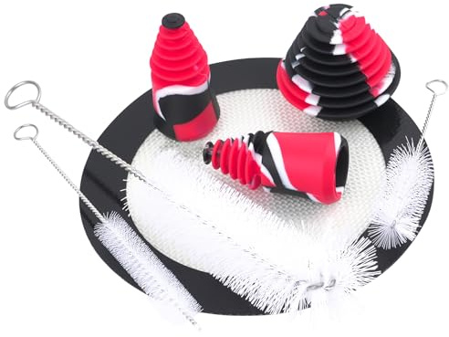 Flaschenbürsten-Set mit Edelstahl- und Nylonborsten, 3 Stück Bürsten, 3 Platin-Silikonstopfen, 1 Matte, Bürsten: 11,8, 9,8, 4,3 cm (Schwarz rot)