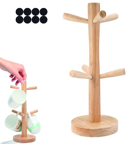 EVDZNA Tassenständer Holz, Baumbecherhalter, 6 Armig, Runder Boden Kaffeetassenständer, Tee Kaffeetasse Veranstalter Zubehör Tasse Rack Regal, mit 8 Silikonpolster für Küchentheke Tabletop