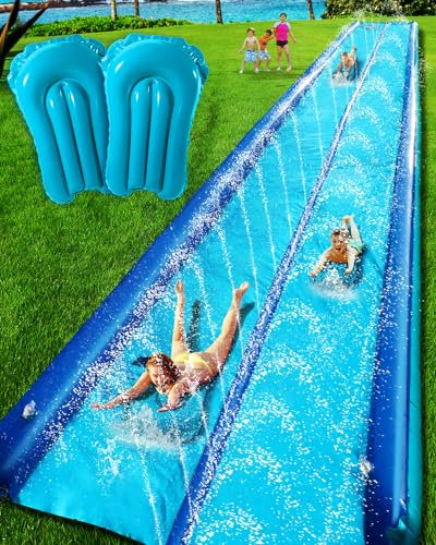 Slip and Water Slide for Kids and Adults Backyard,2 Lanes Extra Long Inflatable Slip and Water Slide with Sprinkler and Bodyboards,Heavy Duty Summer Outdoor Water Toy,Blue Shark Theme