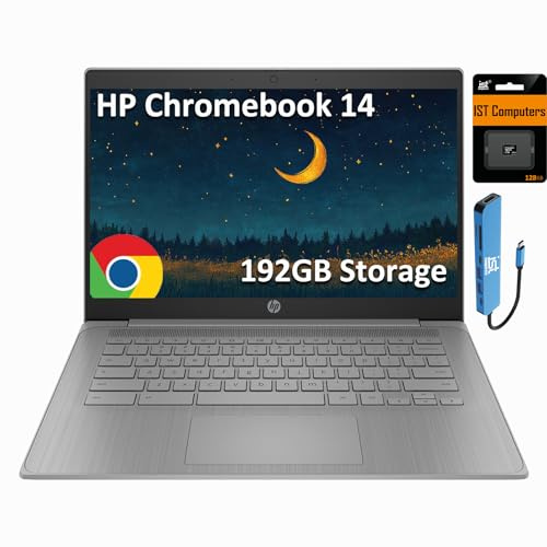 Computer portatile HP Chromebook 14 (14 HD, Intel 4-Core Celeron N4120, 4 GB di RAM, 192 GB di memoria, grafica UHD 600) per casa e studenti, peso leggero e durata della batteria di 14 ore, webcam,